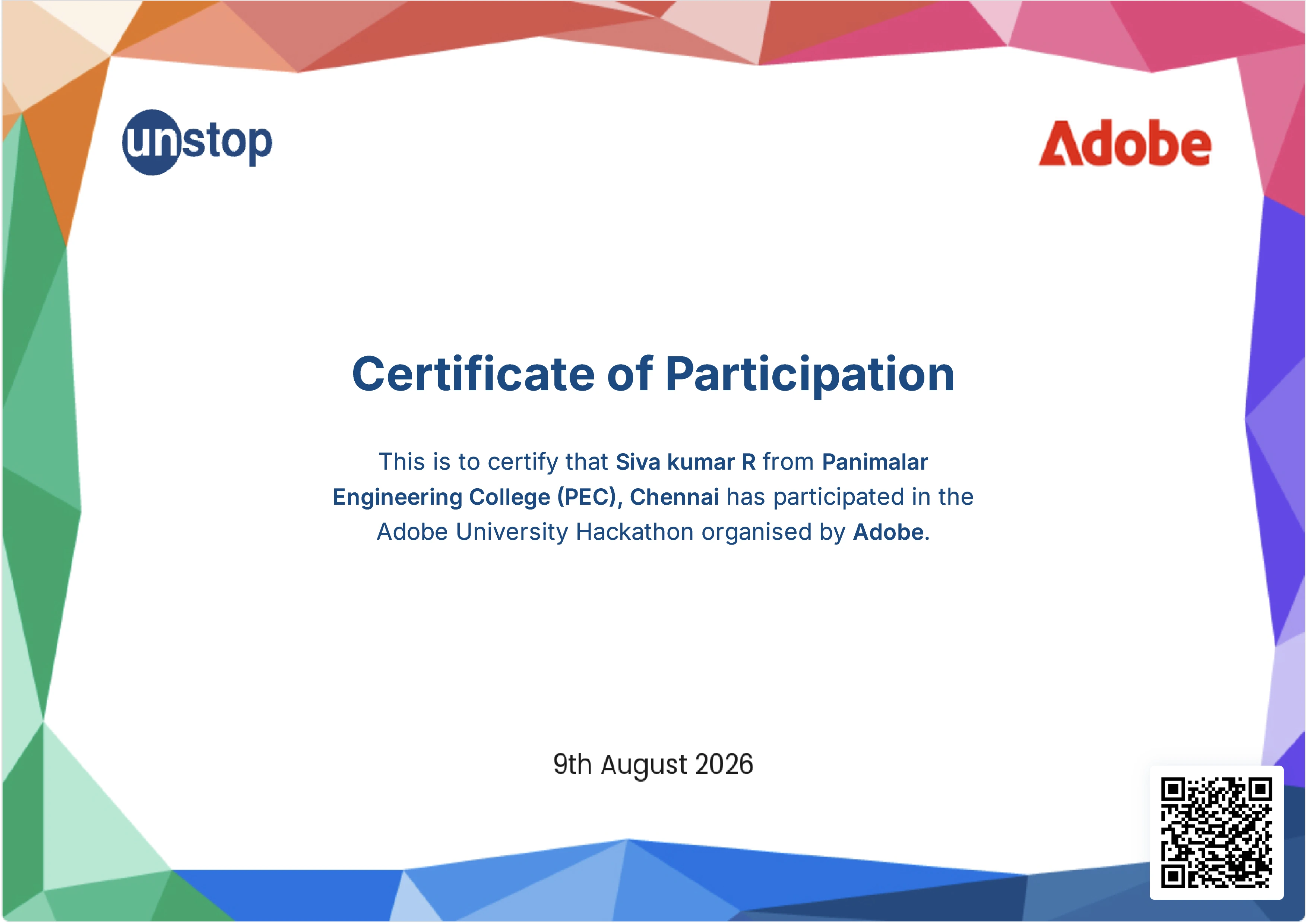 Siva Kumar R Adobe University Hackathon Certification