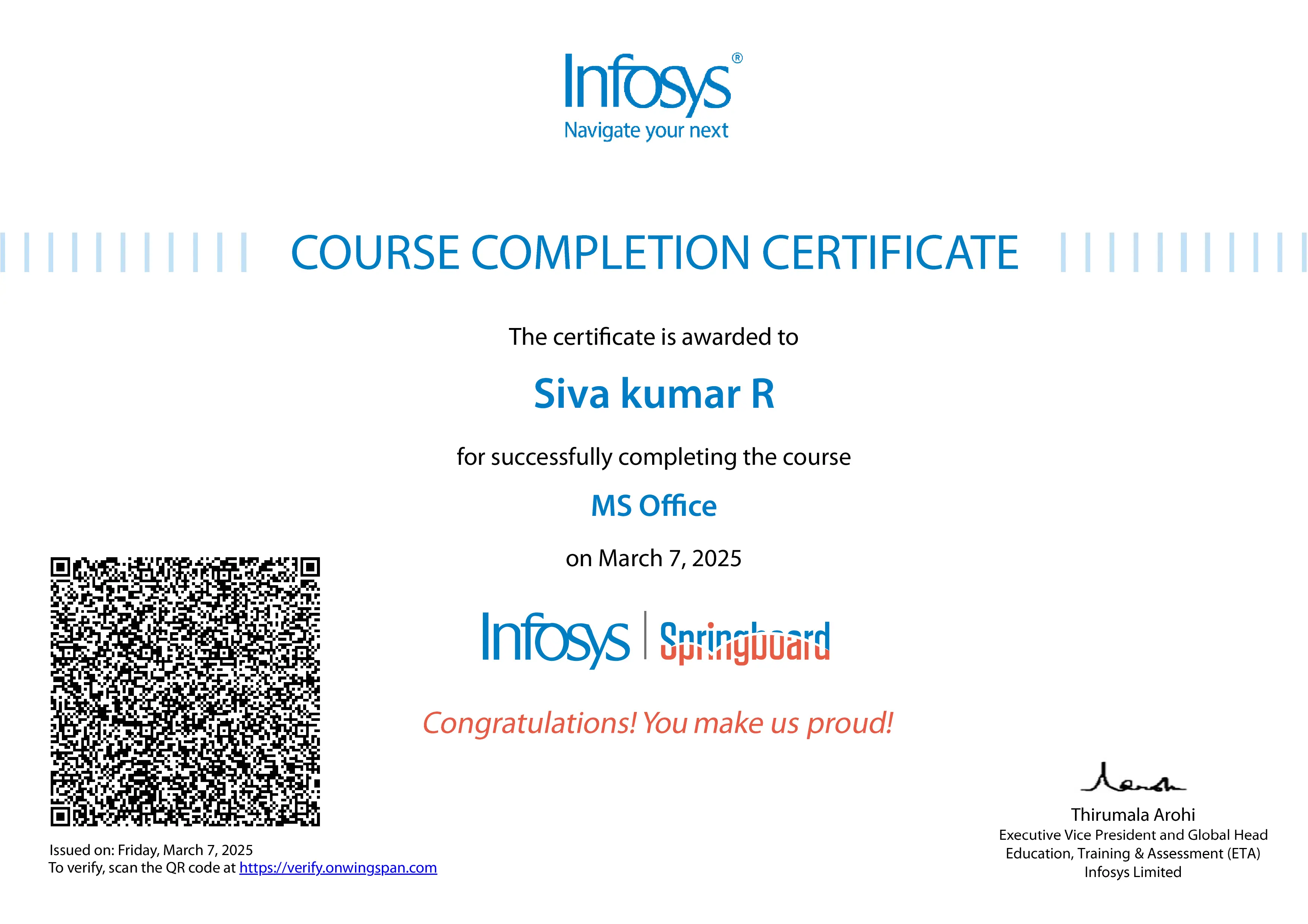 Siva Kumar R MS Office Productivity Certification
